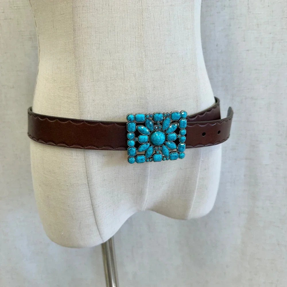 Western‎ Boho Turquoise Flower Buckle Brown Genuine Leather Belt XL